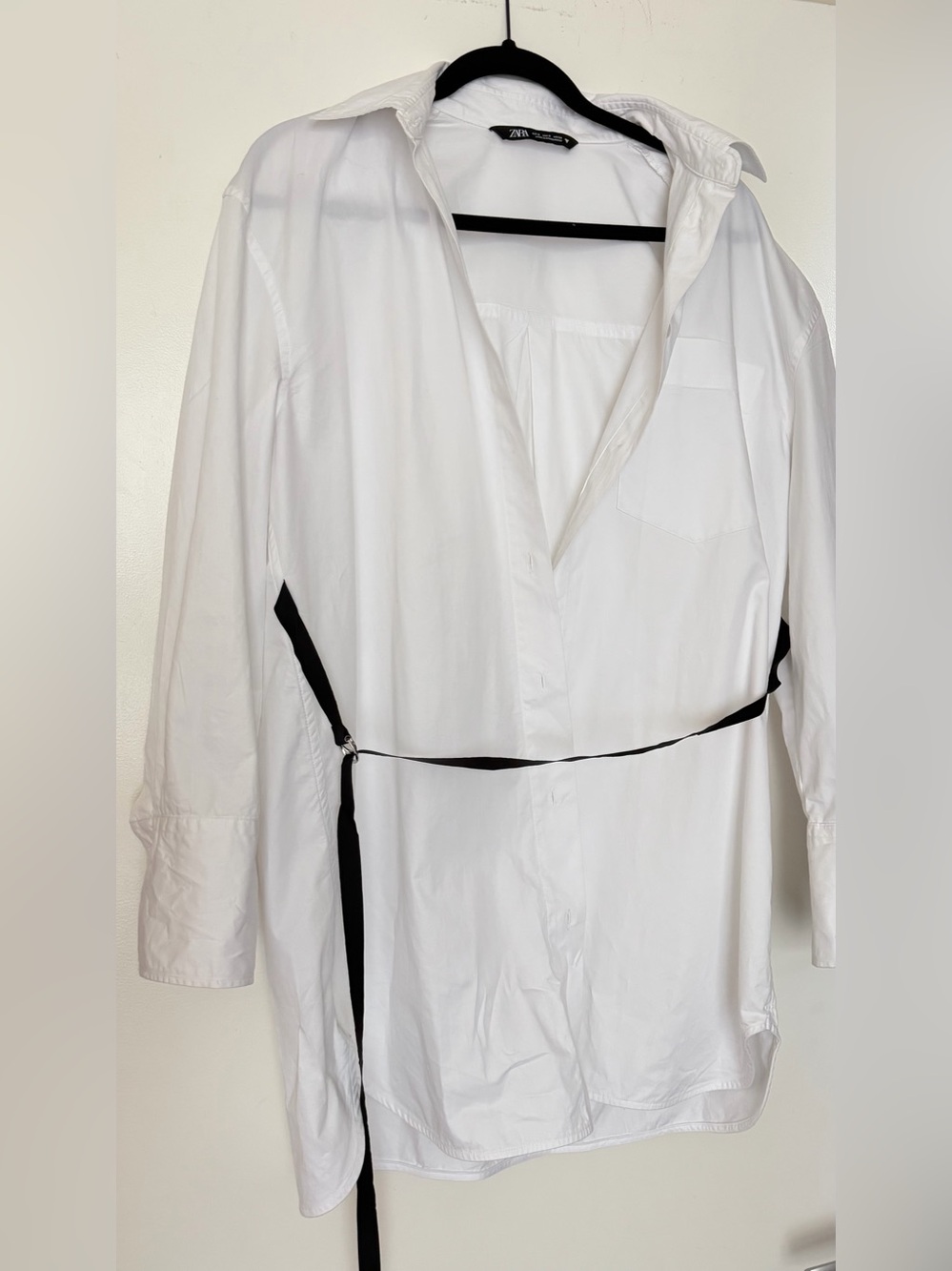 Zara White Button-Front Sleep Shirt - dress with Black Waist Tie